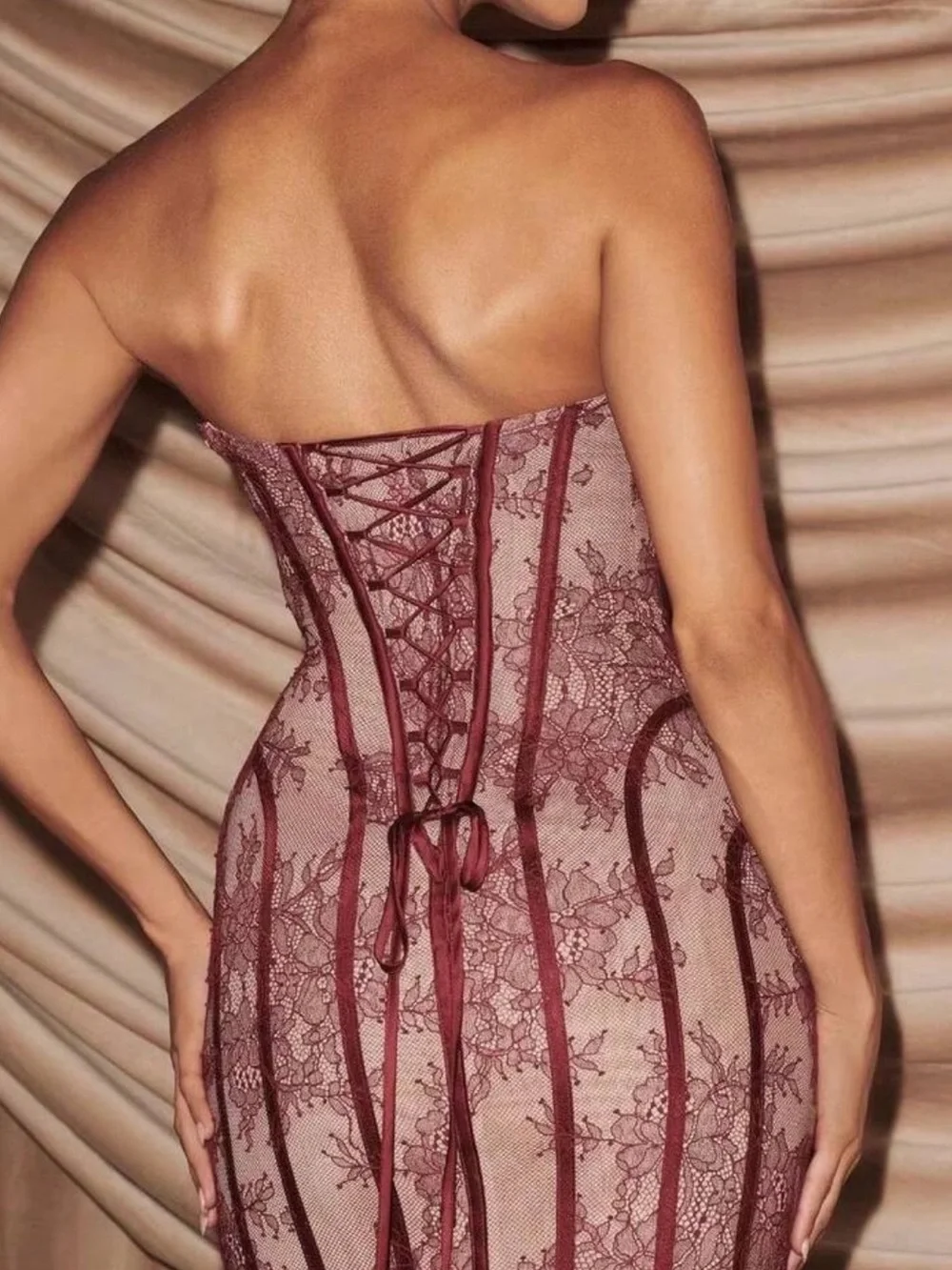 SHEIN Burgundy Lace Asymmetrical Neck Cami Maxi Dress